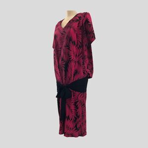 Vintage 1980s Pink Black Geometric Floral Drop Waist Pleated Midi Dress - S